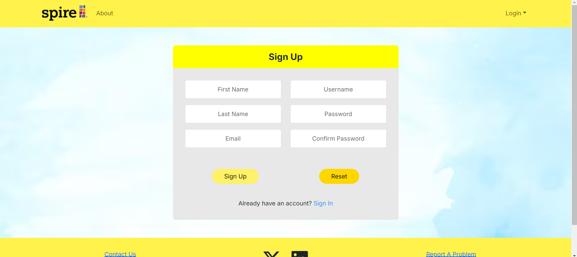 Sign up page