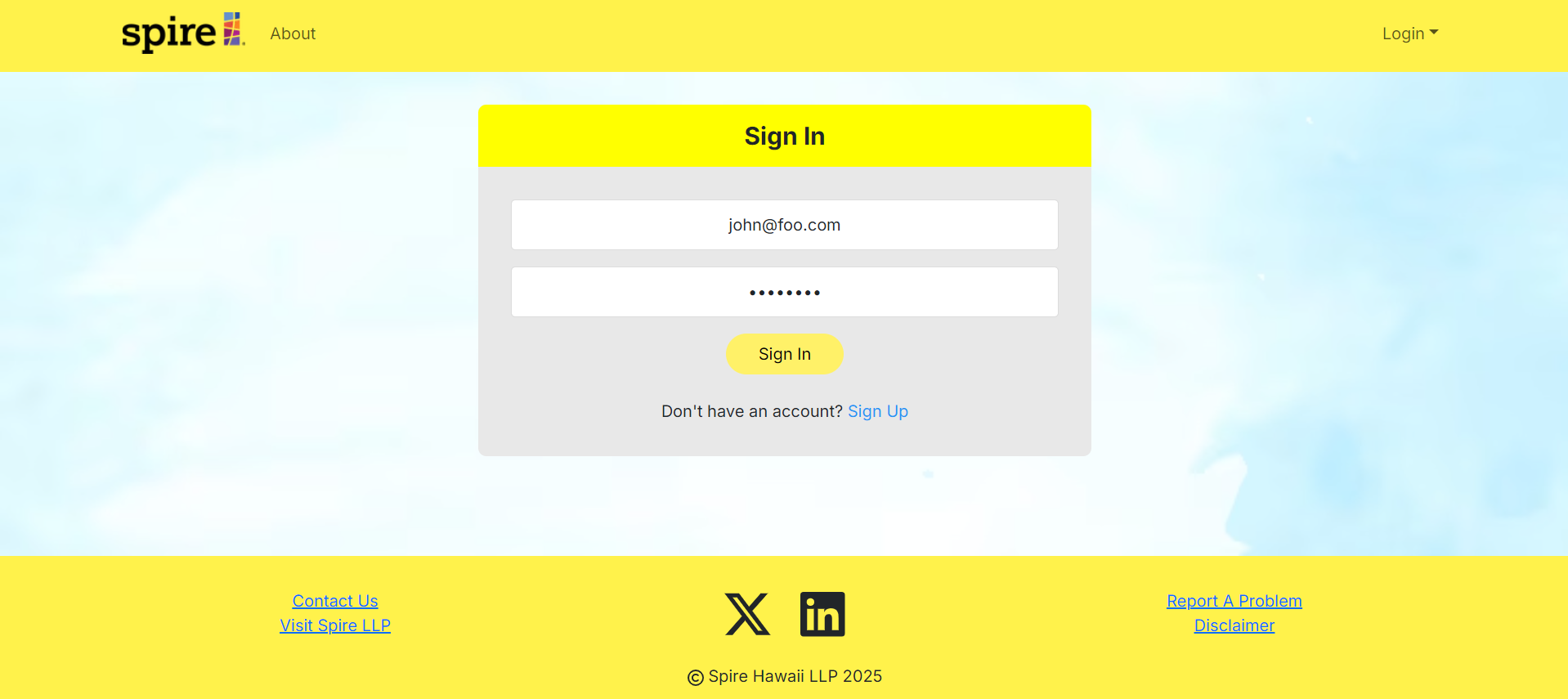 Landing Page user login